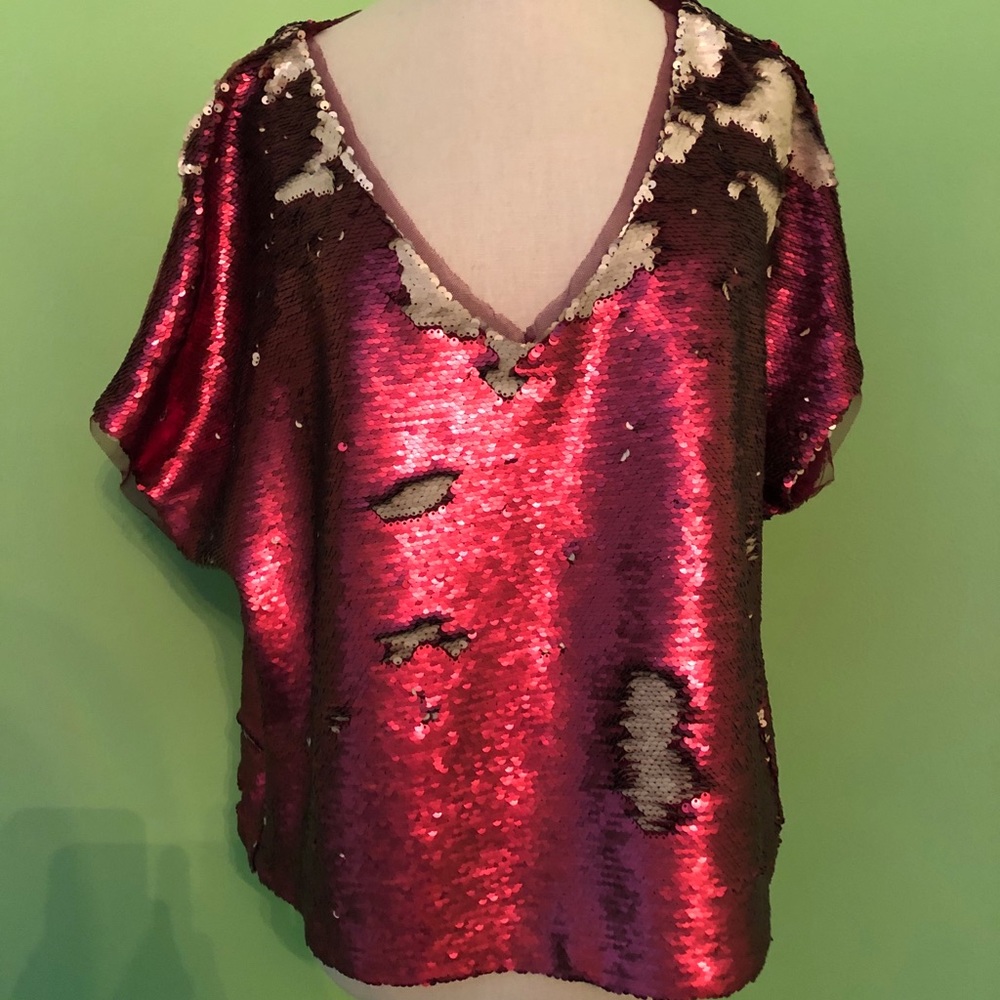 Free People Red & Gold Sequin Top